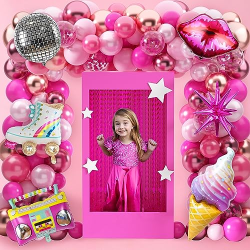 Pink Balloon Garland Arch Kit Hot Pink Rose Gold Metallic Balloons Silver Disco Roller Skate Radio Ice Cream Balloon for Girl's Birthday Party Decorations Pink Princess Doll Theme Party Supplies