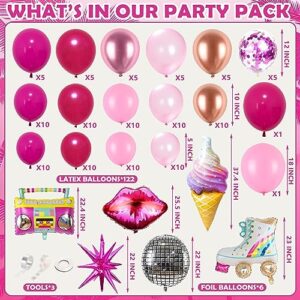 Pink Balloon Garland Arch Kit Hot Pink Rose Gold Metallic Balloons Silver Disco Roller Skate Radio Ice Cream Balloon for Girl's Birthday Party Decorations Pink Princess Doll Theme Party Supplies