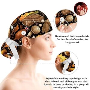 Thanksgiving Acorn Working Cap with Button Sweatband Adjustable Tie Back Bouffant Hats with Scrunchie