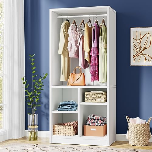 Tribesigns Wardrobe Closet, White Wood Armoire Wardrobe Closet with Open Storage Shelves and Hanging Rod, Freestanding Wardrobe Cabinet for Bedroom (1 PCS)