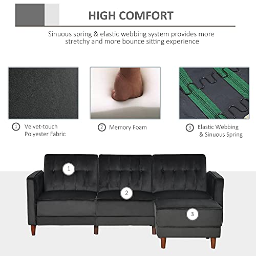 HOMCOM Upholstered L-Shaped Sofa Bed, Reversible Sectional Recliner Sofa Set, Velvet-Touch Sleeper Futon with Footstool, Black