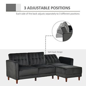 HOMCOM Upholstered L-Shaped Sofa Bed, Reversible Sectional Recliner Sofa Set, Velvet-Touch Sleeper Futon with Footstool, Black