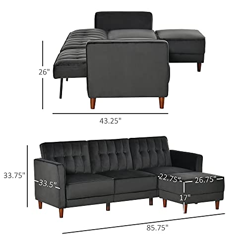 HOMCOM Upholstered L-Shaped Sofa Bed, Reversible Sectional Recliner Sofa Set, Velvet-Touch Sleeper Futon with Footstool, Black