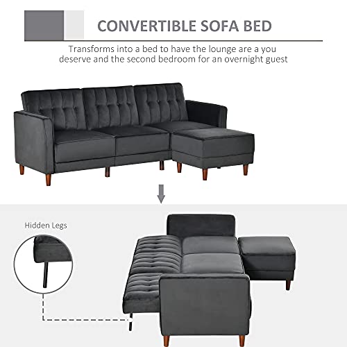 HOMCOM Upholstered L-Shaped Sofa Bed, Reversible Sectional Recliner Sofa Set, Velvet-Touch Sleeper Futon with Footstool, Black