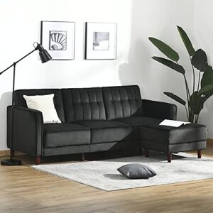 HOMCOM Upholstered L-Shaped Sofa Bed, Reversible Sectional Recliner Sofa Set, Velvet-Touch Sleeper Futon with Footstool, Black