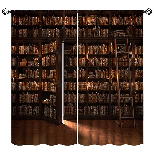 Mysterious Library Curtains, Retro Bookcase with Secret Door, Vintage Bookshelf Bookcase Print Thermal Insulation Rod Pocket Blackout Window Drapes for Living Room Bedroom 42x45 Inch