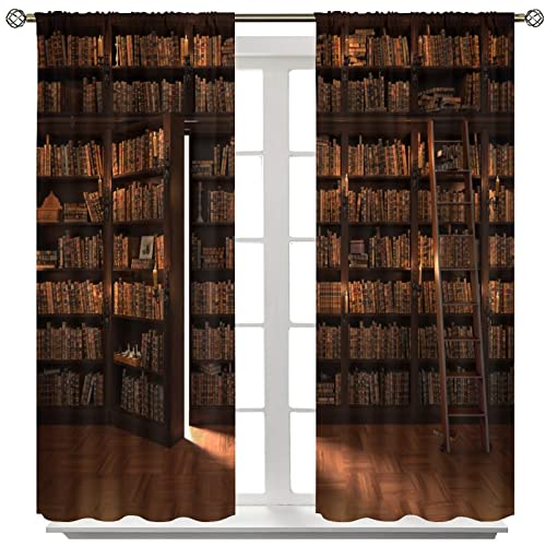 Mysterious Library Curtains, Retro Bookcase with Secret Door, Vintage Bookshelf Bookcase Print Thermal Insulation Rod Pocket Blackout Window Drapes for Living Room Bedroom 42x45 Inch