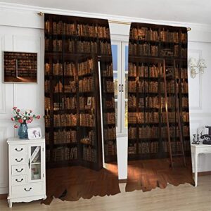 Mysterious Library Curtains, Retro Bookcase with Secret Door, Vintage Bookshelf Bookcase Print Thermal Insulation Rod Pocket Blackout Window Drapes for Living Room Bedroom 42x45 Inch