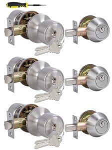 lanwandeng 3 sets keyed alike entry door knobs and single cylinder deadbolt lock combo set security for entrance and front door, all keyed same door lock with classic satin nickel finish