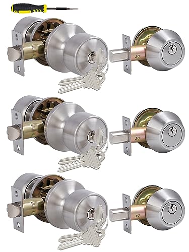 Lanwandeng 3 Sets Keyed Alike Entry Door Knobs and Single Cylinder Deadbolt Lock Combo Set Security for Entrance and Front Door, All Keyed Same Door Lock with Classic Satin Nickel Finish