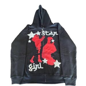 Y2K Zip Up Hoodie Girl Star Graphic Grunge Emo Alt Aesthetic Hooded Oversized E-Girl Harajuku Streetwear Jacket (Black,3XL,3X-Large)