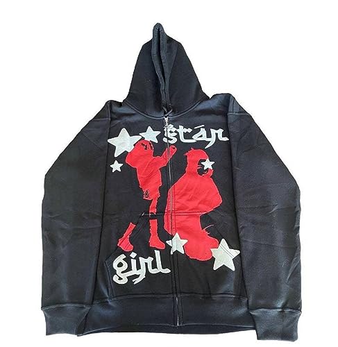 Y2K Zip Up Hoodie Girl Star Graphic Grunge Emo Alt Aesthetic Hooded Oversized E-Girl Harajuku Streetwear Jacket (Black,3XL,3X-Large)