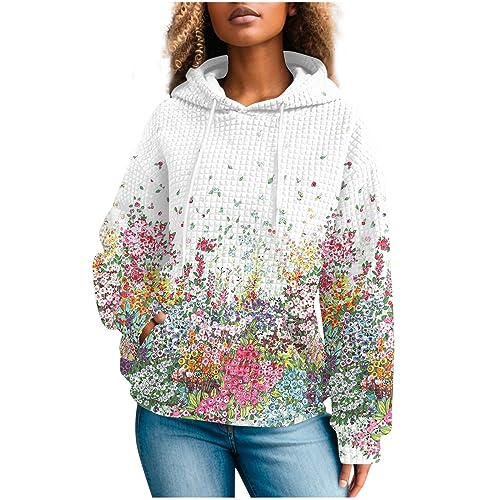 HUANKD Women's Fashion Hoodies & Sweatshirts, Sudaderas Para Mujer Con Capucha Trendy Sweatshirts For Women Hoodies Cheap Popcorn Style Textured Hoodie Casual Long Sleeve Drawstring (M, White)