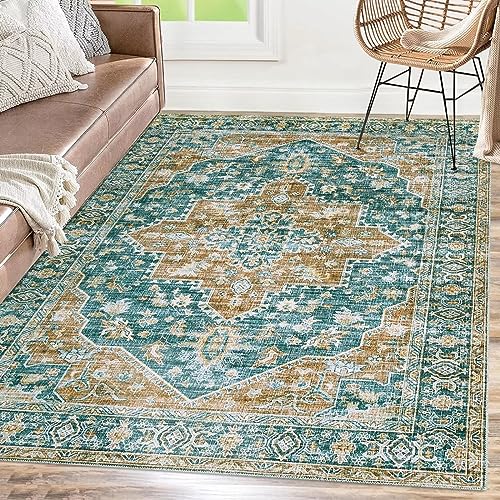 Garvee Persian Rug 5x7 Washable Rug Vintage Medallion Distressed Rug Ultra-Thin Soft Rugs for Living Room Low Pile Non-Slip Bedroom Rug Non-Shedding Accent Floor Carpet Dining Room Home Office Orange