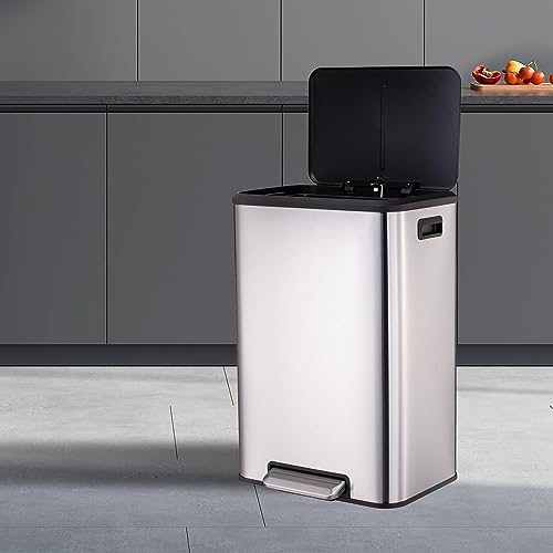 GAOMON 40 Liter/10.5 Gallon Trash Can, Rectangular Hands-Free Single Compartment Recycling Kitchen Step Trash Can with Soft-Close Lid, Stainless Steel Kitchen Garbage Can, Silver