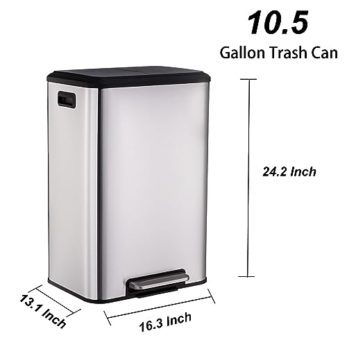 GAOMON 40 Liter/10.5 Gallon Trash Can, Rectangular Hands-Free Single Compartment Recycling Kitchen Step Trash Can with Soft-Close Lid, Stainless Steel Kitchen Garbage Can, Silver