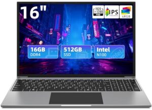 jumper laptop, 16gb ram 512gb ssd, quad-core intel n100 processor, 16" fhd ips screen(1920x1200), laptops computer with 4 stereo speakers, dual-band wifi, cooling system, 38wh battery,gray.