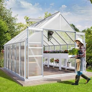 yitahome 10x12ft polycarbonate greenhouse large heavy duty green houses outdoor aluminum greenhouses with sliding doors vent window premium walk-in greenhouse for garden backyard, matte sliver