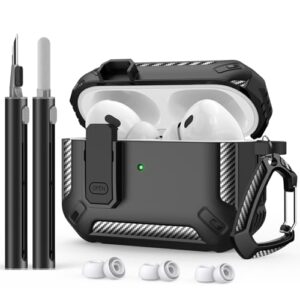 polislime airpods pro 2nd generation case cover,with cleaner kit & 3 pairs replacement ear tips (/s/m/l),military armor hard shell protective with lock for apple airpods pro 2nd charging case-black