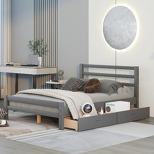 CITYNIHGT Full Bed Frame with Storage Drawers,Wood Full Size Platform Bed with Storage,Full Kids Bed Frame for Girls Boys,No Box Spring Needed (Full,Grey)