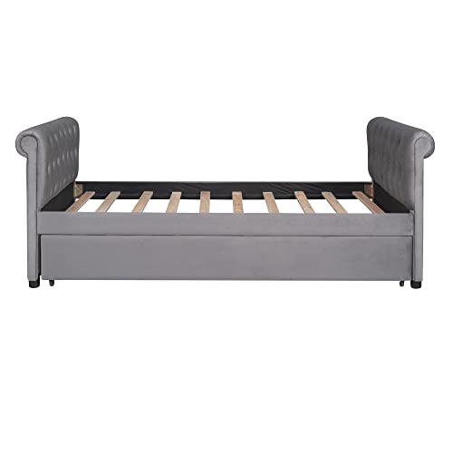 TARTOP Twin Daybed Upholstered Daybed with Trundle, Twin Size Sofa Bed Wood Bed Frame for Kids/Teens/Girls/Boys,Gray