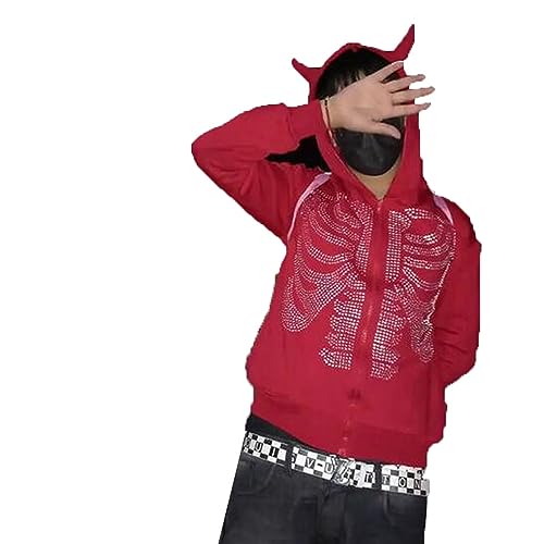 Womens Men Rhinestone Full Zip Up Hoodie 4 Pointed Star Graphic Overface Oversized Sweatshirt Y2k Jacket Streetwear (Ox Horn Red, L)