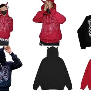 Womens Men Rhinestone Full Zip Up Hoodie 4 Pointed Star Graphic Overface Oversized Sweatshirt Y2k Jacket Streetwear (Ox Horn Red, L)