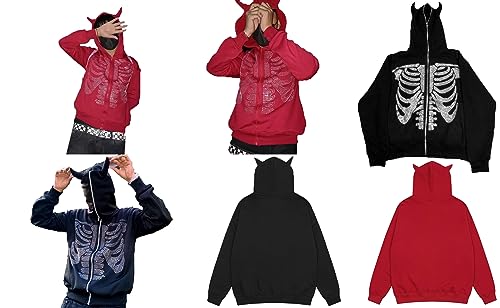 Womens Men Rhinestone Full Zip Up Hoodie 4 Pointed Star Graphic Overface Oversized Sweatshirt Y2k Jacket Streetwear (Ox Horn Red, L)