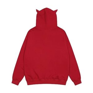 Womens Men Rhinestone Full Zip Up Hoodie 4 Pointed Star Graphic Overface Oversized Sweatshirt Y2k Jacket Streetwear (Ox Horn Red, L)