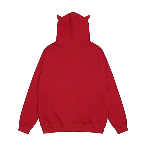 Womens Men Rhinestone Full Zip Up Hoodie 4 Pointed Star Graphic Overface Oversized Sweatshirt Y2k Jacket Streetwear (Ox Horn Red, L)