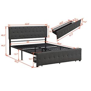 TARTOP Queen Size Upholstered Platform Bed with Storage Drawer, Metal Queen Bed Frame with Headboard，No Box Spring Required，Gray