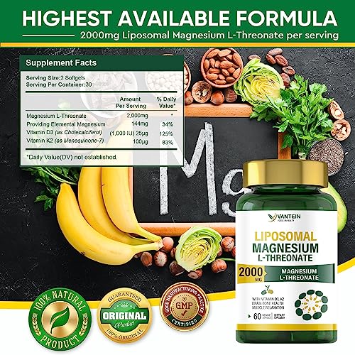 Liposomal Magnesium L-Threonate 2000mg, 60 Softgels High Absorption Formula Supplement for Focus, Memory, Brain Health, Bone Health, and Muscle Relaxation