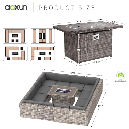 Aoxun Patio Furniture Set with Fire Pit Table 15 PCS Outdoor Furniture Outdoor Wicker Patio Conversation Sets with 44'' Gas Fire Pit Table Coffee Table, Grey