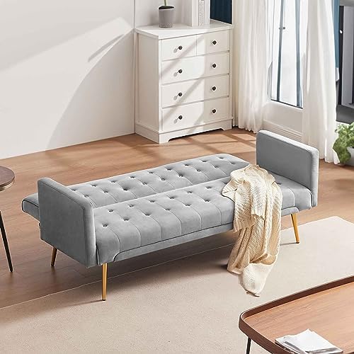 RIDFY 70” Modern Velvet Futon Sofa Bed, Convertible Sleeper Couch with Metal Legs/Armrests, Folding Upholstered Loveseat, Memory Foam Living Seat, Recliner Sofa for Home/Office (Grey)