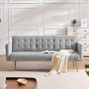 ridfy 70” modern velvet futon sofa bed, convertible sleeper couch with metal legs/armrests, folding upholstered loveseat, memory foam living seat, recliner sofa for home/office (grey)