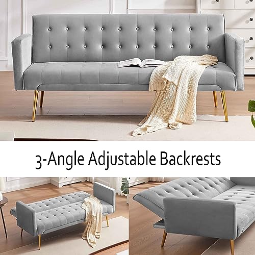 RIDFY 70” Modern Velvet Futon Sofa Bed, Convertible Sleeper Couch with Metal Legs/Armrests, Folding Upholstered Loveseat, Memory Foam Living Seat, Recliner Sofa for Home/Office (Grey)