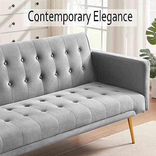 RIDFY 70” Modern Velvet Futon Sofa Bed, Convertible Sleeper Couch with Metal Legs/Armrests, Folding Upholstered Loveseat, Memory Foam Living Seat, Recliner Sofa for Home/Office (Grey)