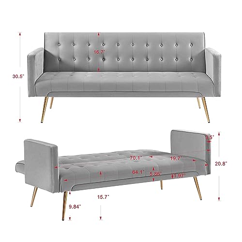 RIDFY 70” Modern Velvet Futon Sofa Bed, Convertible Sleeper Couch with Metal Legs/Armrests, Folding Upholstered Loveseat, Memory Foam Living Seat, Recliner Sofa for Home/Office (Grey)