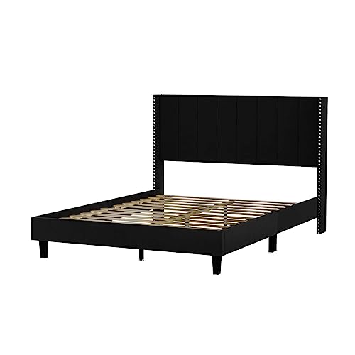 Upholstered Queen Size Platform Bed Frame with Headboard, Tufted Platform Bed Frame with Wooden Slats Support, No Box Spring Needed and Easy Assembly for Bedroom Living Room Small Space (Black)