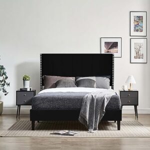 upholstered queen size platform bed frame with headboard, tufted platform bed frame with wooden slats support, no box spring needed and easy assembly for bedroom living room small space (black)