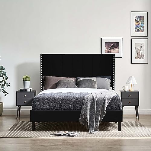 Upholstered Queen Size Platform Bed Frame with Headboard, Tufted Platform Bed Frame with Wooden Slats Support, No Box Spring Needed and Easy Assembly for Bedroom Living Room Small Space (Black)