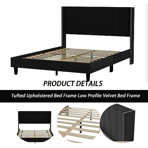 Upholstered Queen Size Platform Bed Frame with Headboard, Tufted Platform Bed Frame with Wooden Slats Support, No Box Spring Needed and Easy Assembly for Bedroom Living Room Small Space (Black)