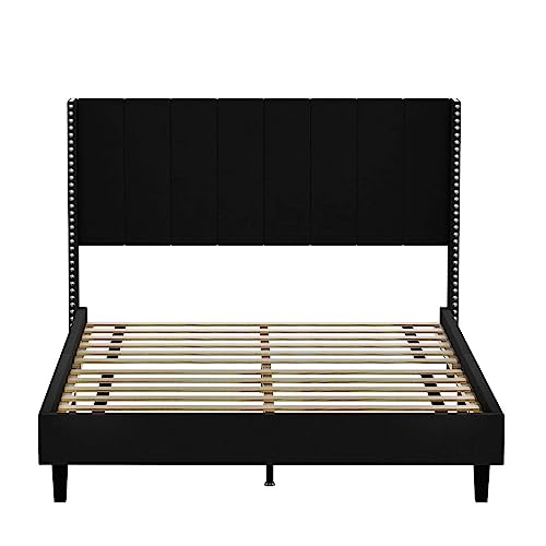 Upholstered Queen Size Platform Bed Frame with Headboard, Tufted Platform Bed Frame with Wooden Slats Support, No Box Spring Needed and Easy Assembly for Bedroom Living Room Small Space (Black)