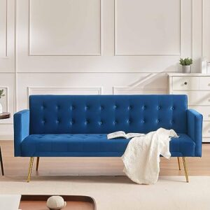 ridfy 70” modern velvet futon sofa bed, convertible sleeper couch with metal legs/armrests, folding upholstered loveseat, 3 adjustable, memory foam living seat, recliner sofa (blue)