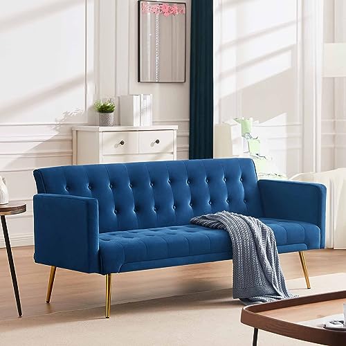 RIDFY 70” Modern Velvet Futon Sofa Bed, Convertible Sleeper Couch with Metal Legs/Armrests, Folding Upholstered Loveseat, 3 Adjustable, Memory Foam Living Seat, Recliner Sofa (Blue)