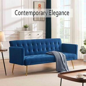 RIDFY 70” Modern Velvet Futon Sofa Bed, Convertible Sleeper Couch with Metal Legs/Armrests, Folding Upholstered Loveseat, 3 Adjustable, Memory Foam Living Seat, Recliner Sofa (Blue)