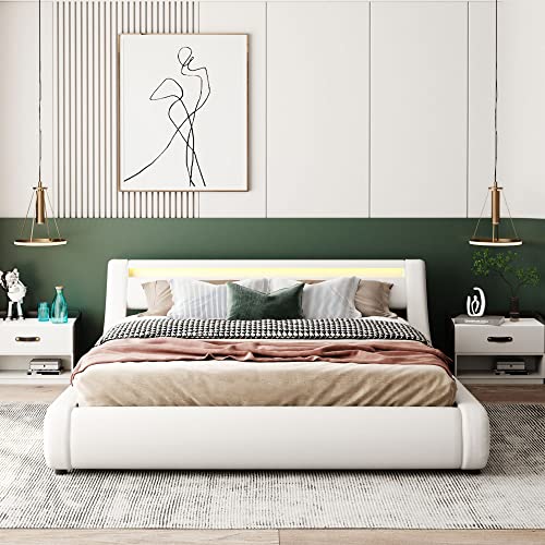 TARTOP Upholstered Faux Leather Platform Bed with a Hydraulic Storage System with LED Light Headboard Bed Frame with Slatted Queen Size,No Box Spring Needed,White