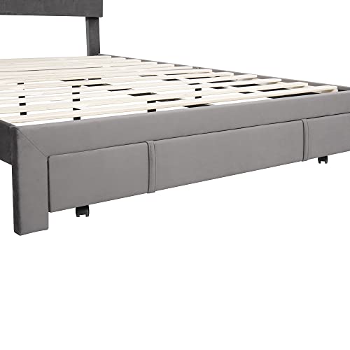 TARTOP Queen Size Storage Bed Velvet Upholstered Platform Bed with Drawer, Queen Size Upholstered Bed Frame with Headboard, No Box Spring Needed, Easy Assembly,Gray