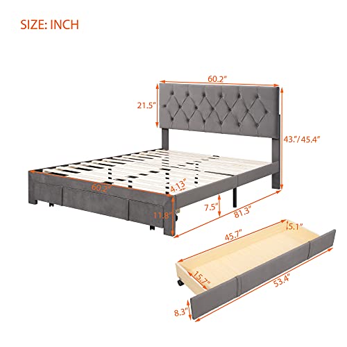 TARTOP Queen Size Storage Bed Velvet Upholstered Platform Bed with Drawer, Queen Size Upholstered Bed Frame with Headboard, No Box Spring Needed, Easy Assembly,Gray