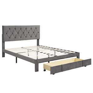 TARTOP Queen Size Storage Bed Velvet Upholstered Platform Bed with Drawer, Queen Size Upholstered Bed Frame with Headboard, No Box Spring Needed, Easy Assembly,Gray